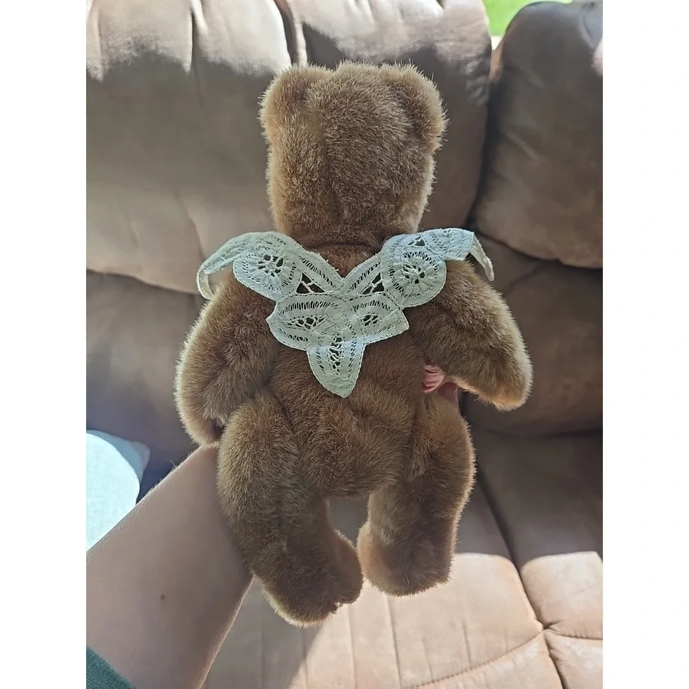 Collectible Jointed Plush Teddy Bear With Lace Collar Rose Couch Shelf Sitter